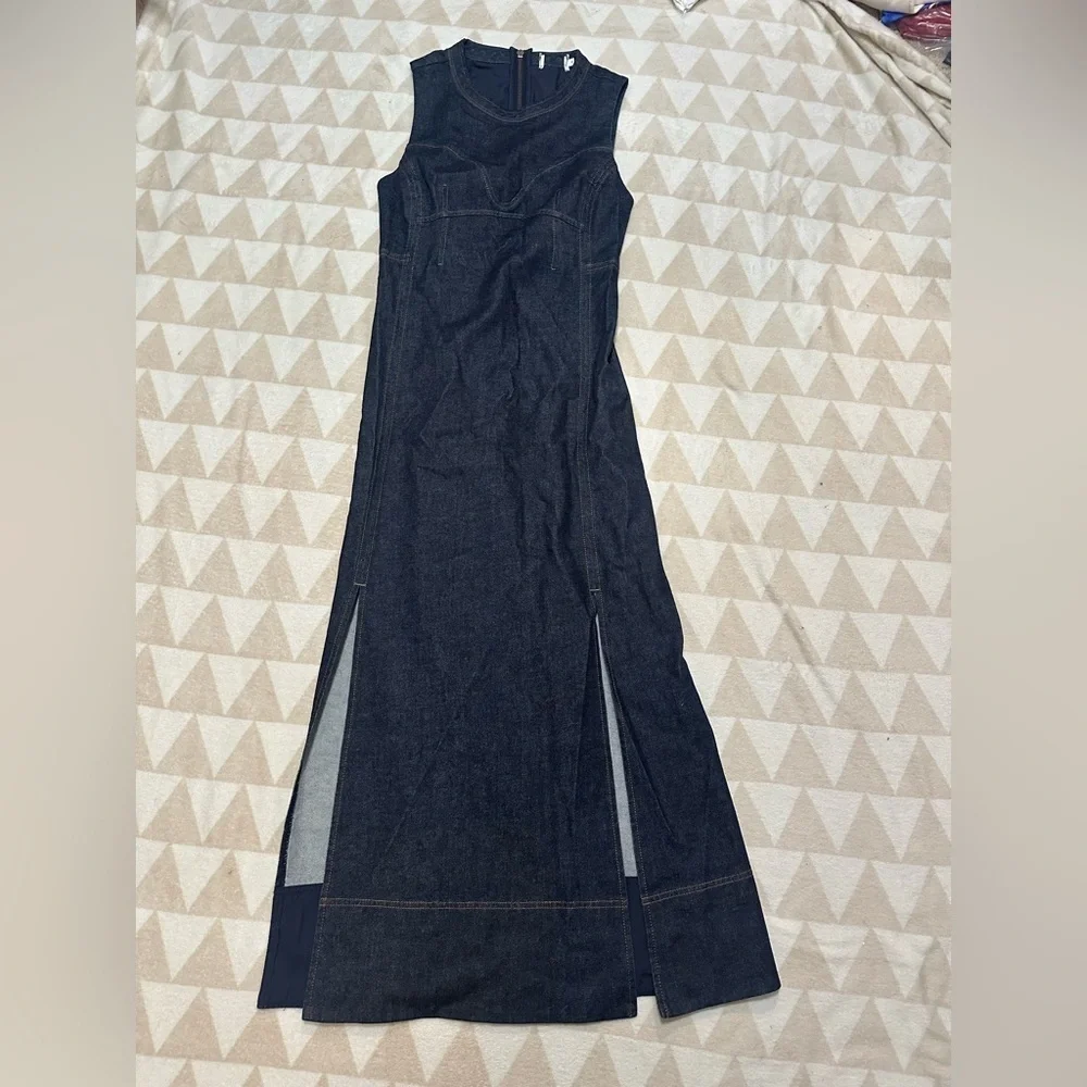 Tanya Taylor dark wash denim sleeveless double slit maxi dress - Picture 2 of 5